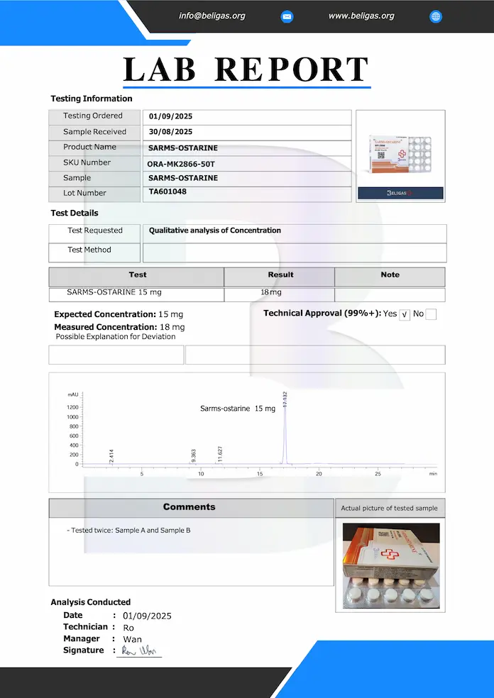 Resultados dos testes de laboratório da Beligas Pharmaceuticals (Certificado de Análise) para Ostarine