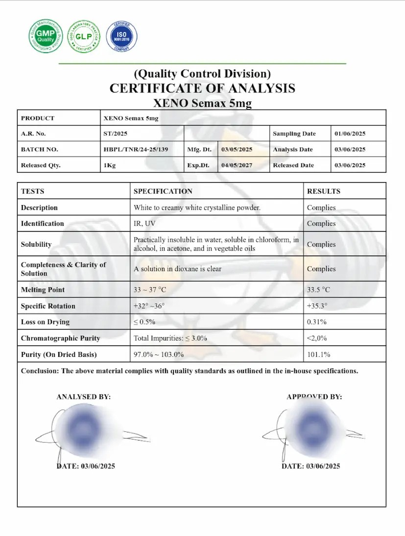 Certificado de Laboratório Xeno Labs (Certificado de Análise) para Semax 5mg