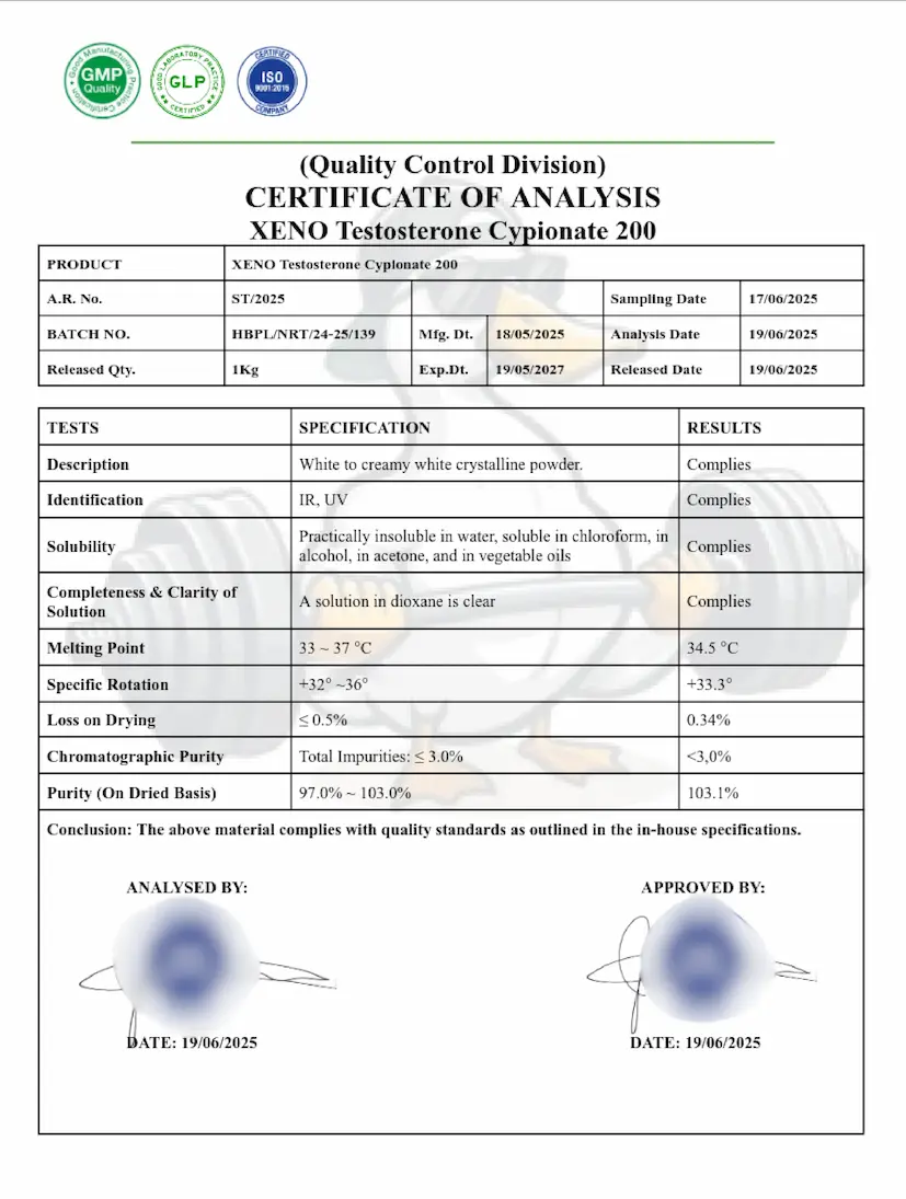 Xeno Labs (Certificado de Análise) Certificado de Laboratório para Cipionato de Testosterona