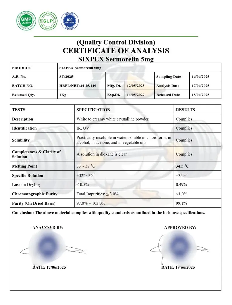 Resultados dos testes de laboratório Sixpex (Certificado de Análise) para SIXPEX Sermorelin 5mg